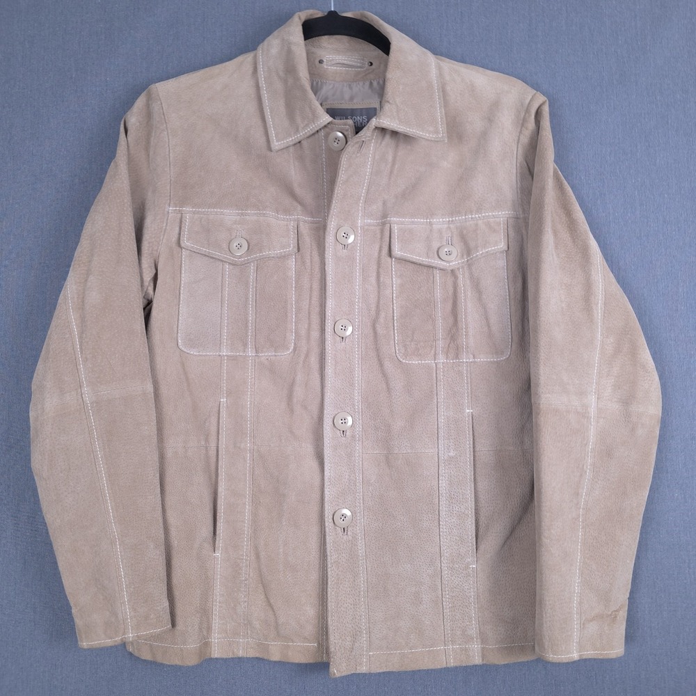 Wilson Suede Jacket Mens Medium Tan Leather Button Up Lined Shacket Hand Pockets
